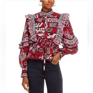 FARM Rio Mock Neck Burgundy Floral Ruffle Blouse New with Tags Size Small